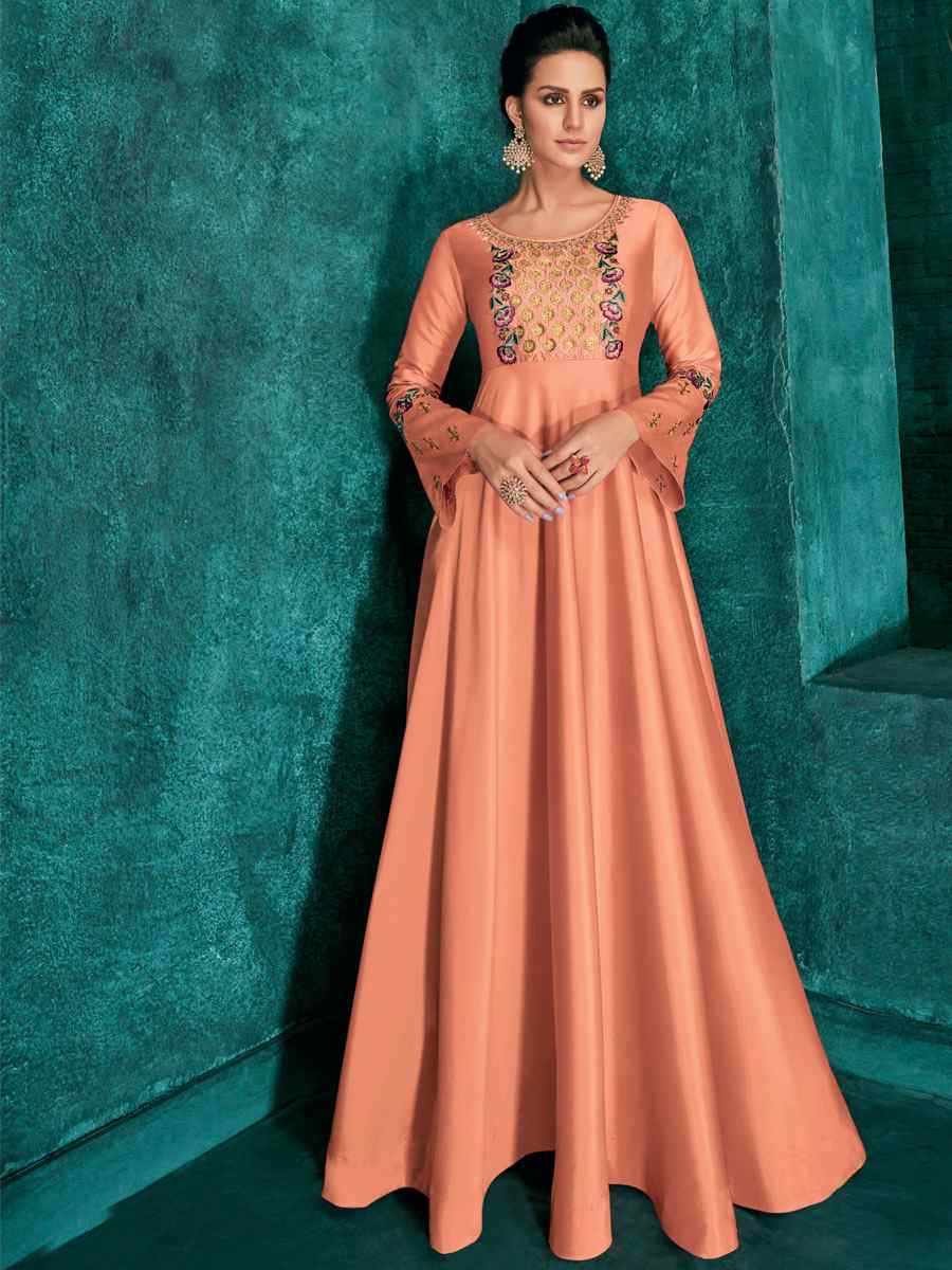 Peach Triva Silk Embroidered Party Festival Gown