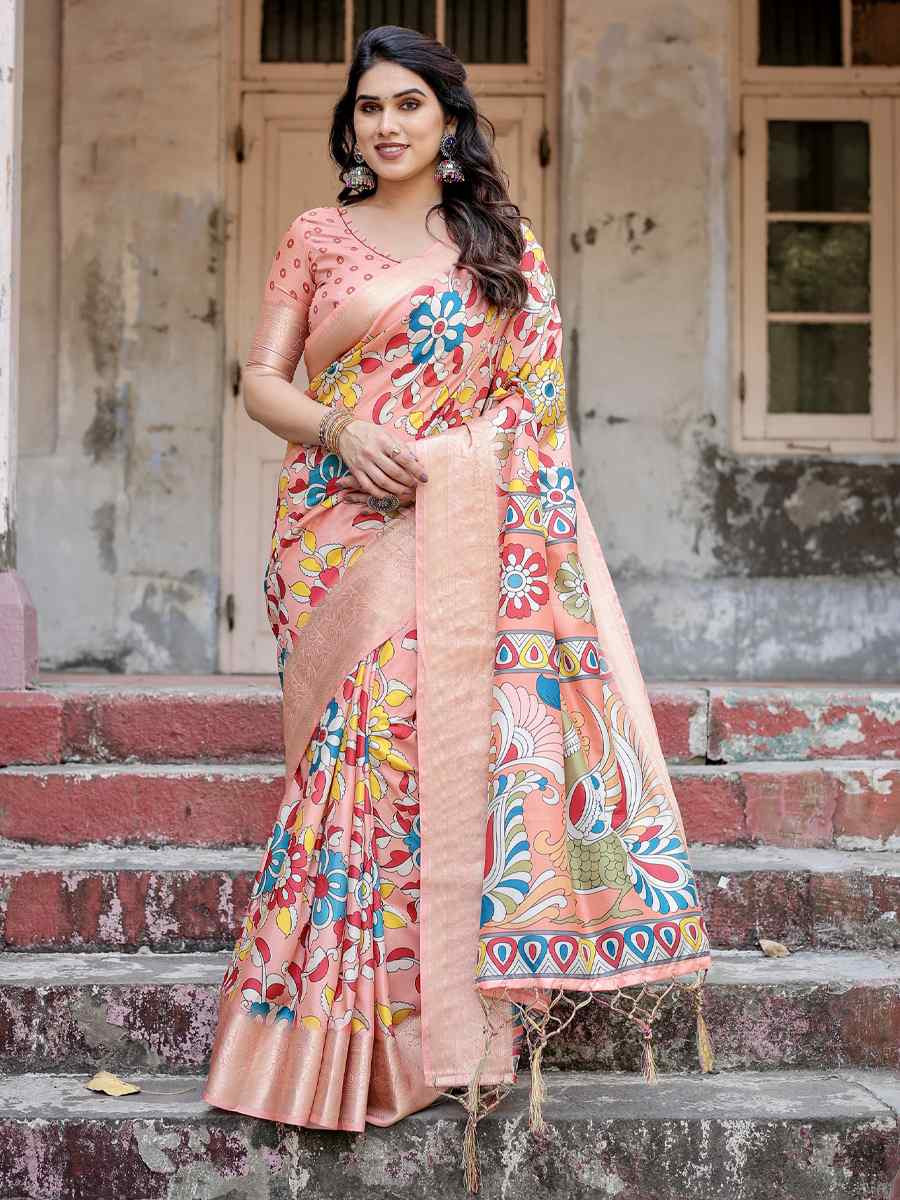 Peach Tussar Silk Zari Handwoven Printed Casual Reception Festival Wedding Fancy Heavy Border Saree