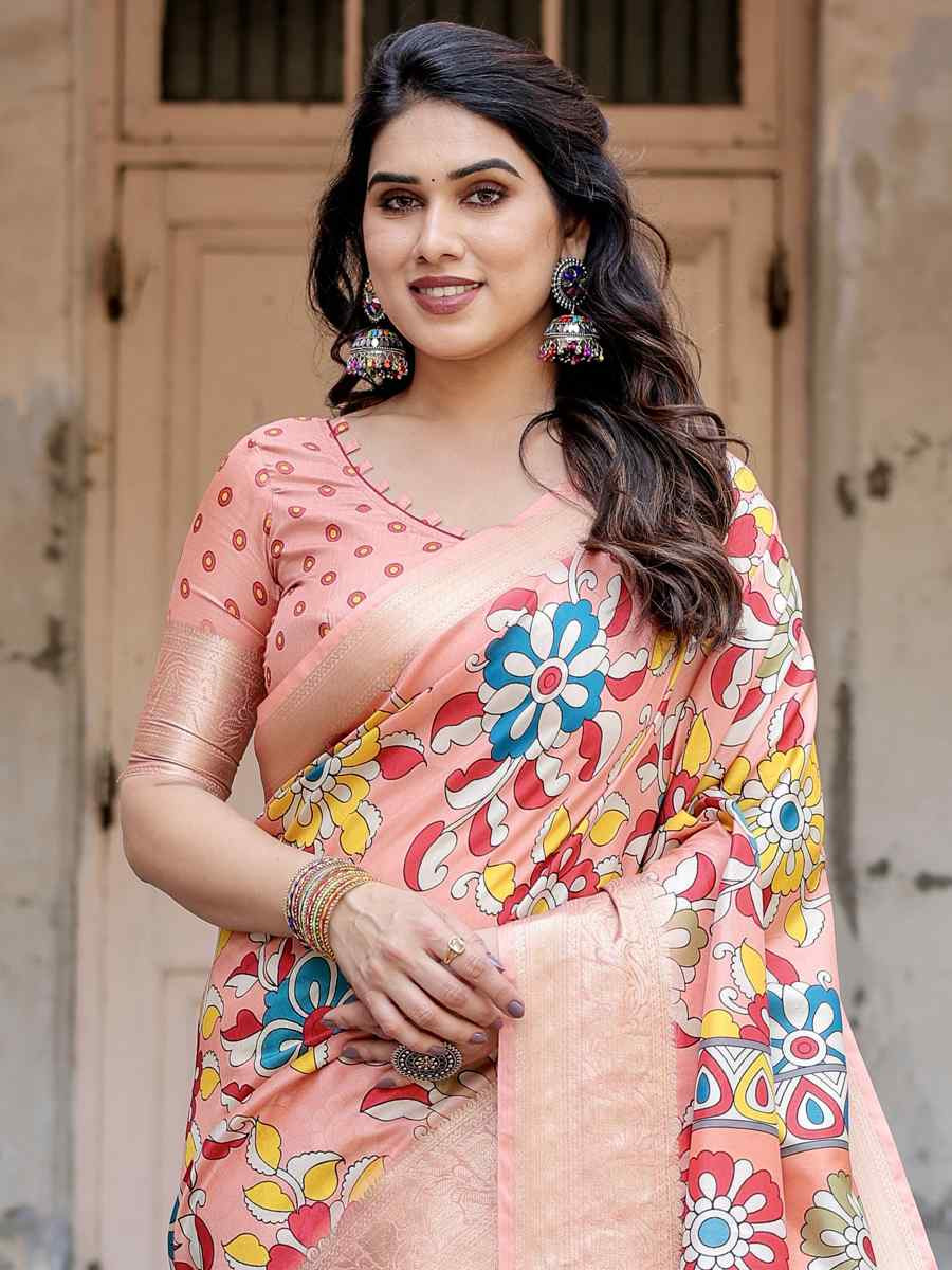 Peach Tussar Silk Zari Handwoven Printed Casual Reception Festival Wedding Fancy Heavy Border Saree
