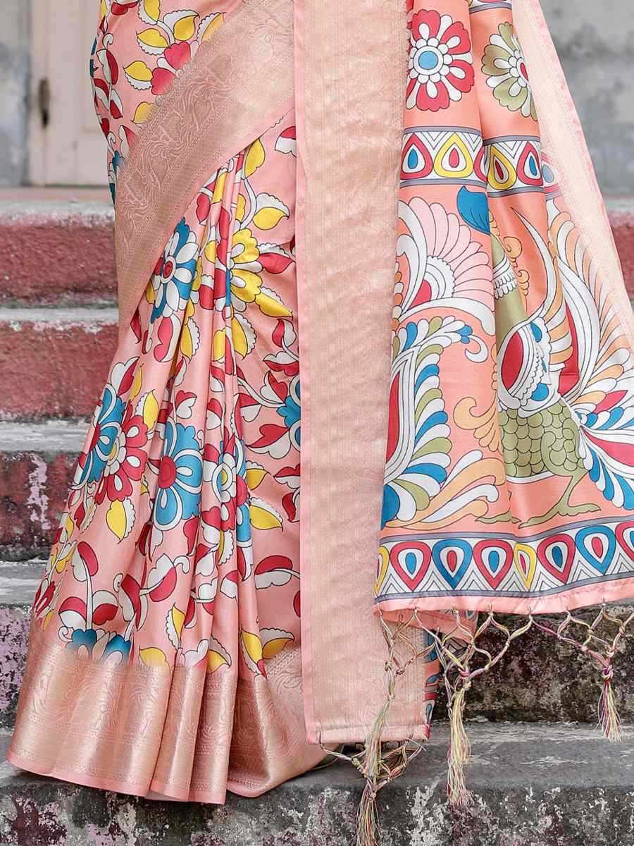 Peach Tussar Silk Zari Handwoven Printed Casual Reception Festival Wedding Fancy Heavy Border Saree