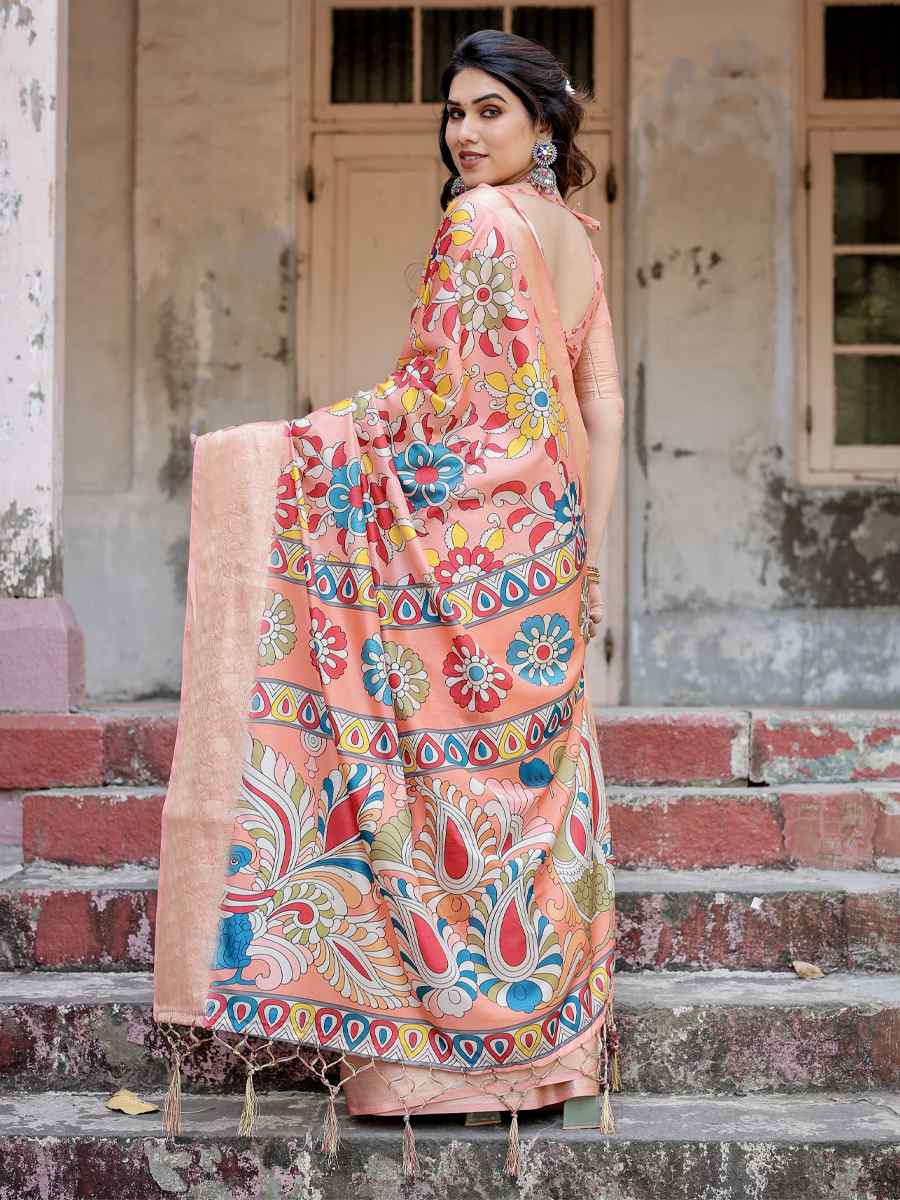 Peach Tussar Silk Zari Handwoven Printed Casual Reception Festival Wedding Fancy Heavy Border Saree