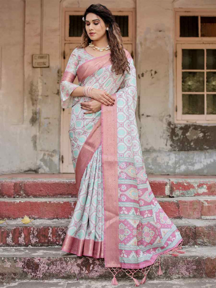 Image of Peach Tussar Silk Zari Handwoven Printed Casual Reception Festival Wedding Fancy Heavy Border Saree