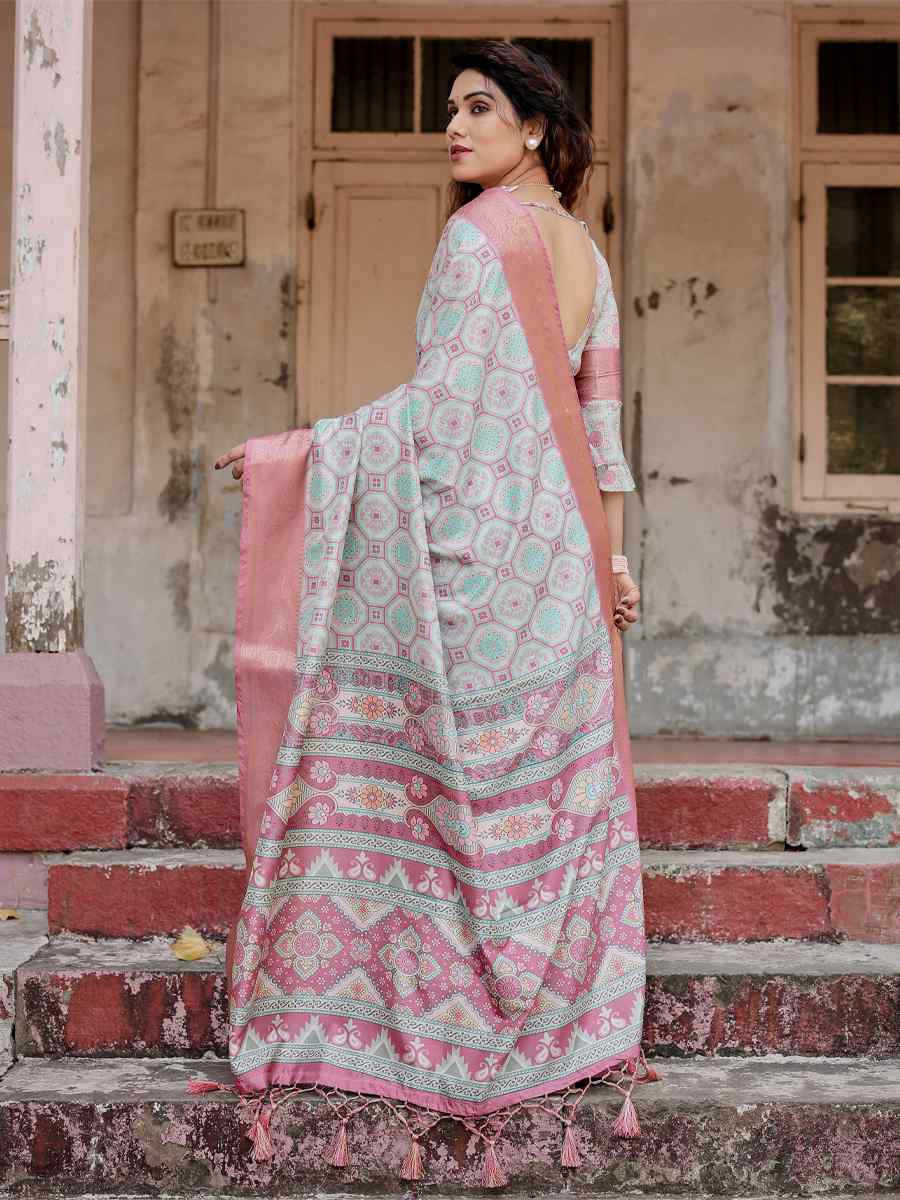 Peach Tussar Silk Zari Handwoven Printed Casual Reception Festival Wedding Fancy Heavy Border Saree