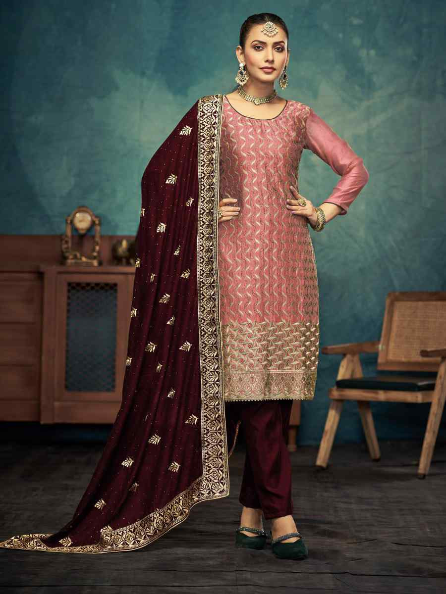 Peach Vichitra Embroidered Festival Wedding Pant Salwar Kameez