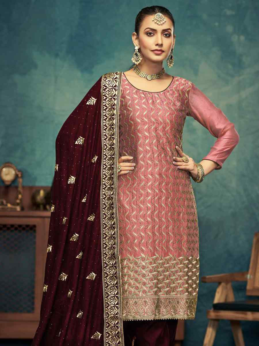 Peach Vichitra Embroidered Festival Wedding Pant Salwar Kameez