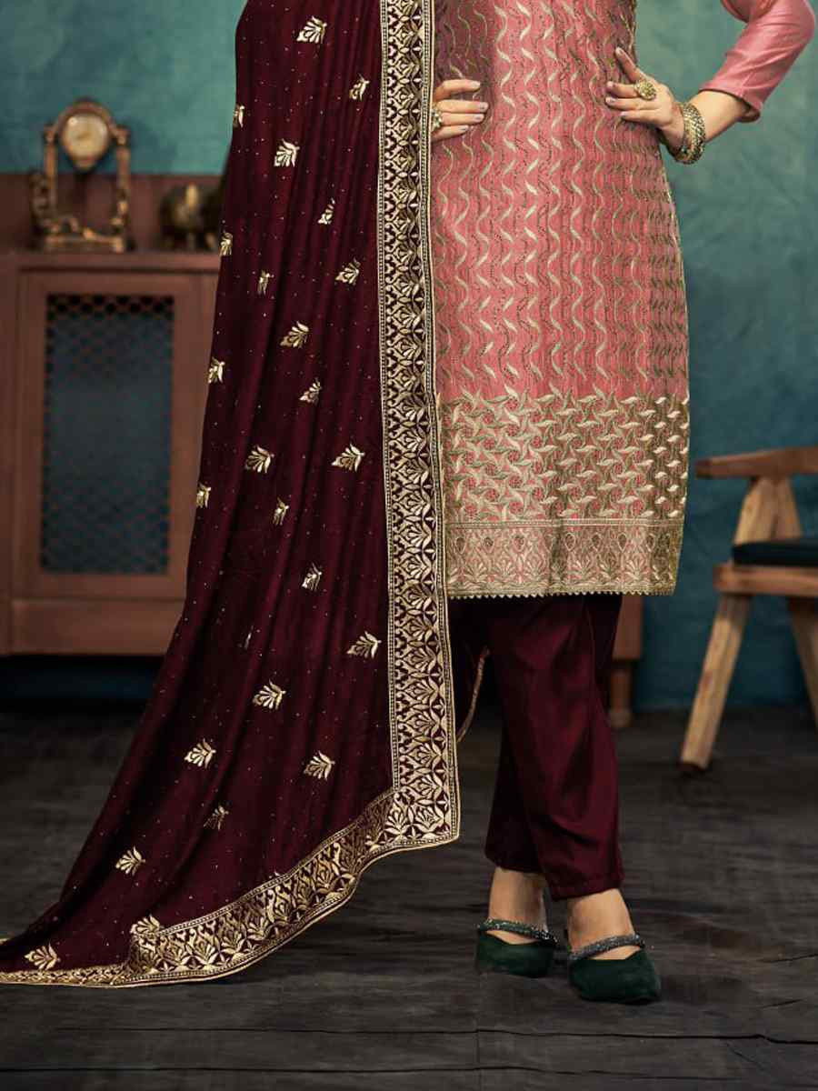 Peach Vichitra Embroidered Festival Wedding Pant Salwar Kameez