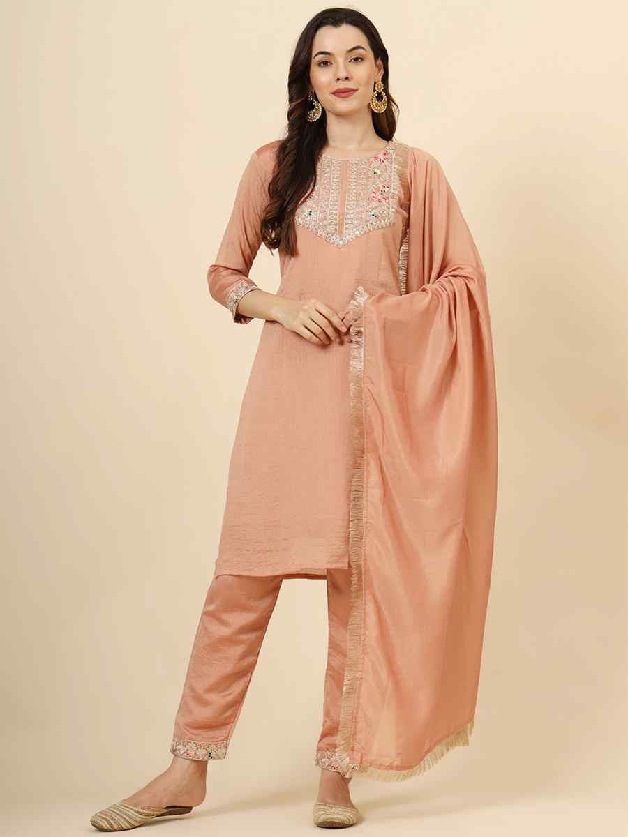 Peach Vichitra Silk Embroidered Party Wedding Ready Pant Salwar Kameez