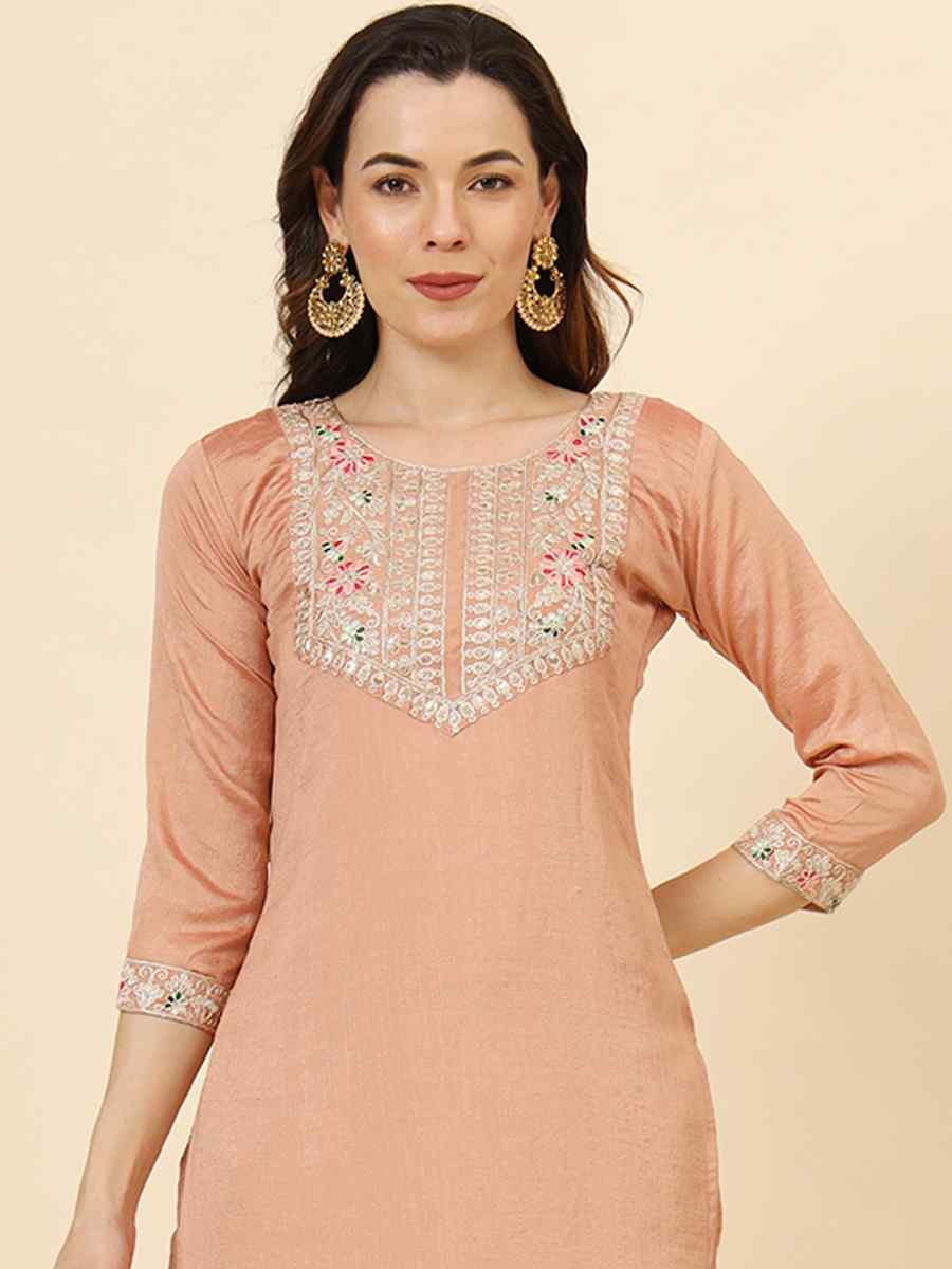 Peach Vichitra Silk Embroidered Party Wedding Ready Pant Salwar Kameez