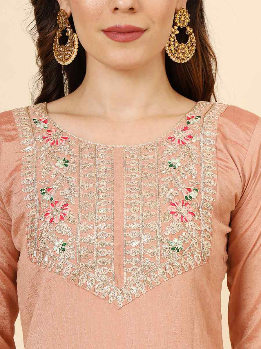 Peach Vichitra Silk Embroidered Party Wedding Ready Pant Salwar Kameez