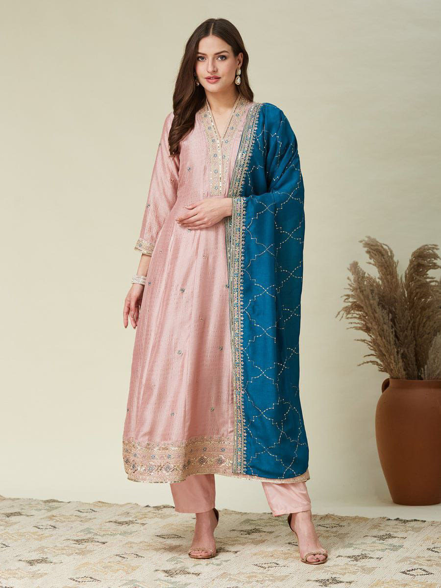 Peach Vichitra Silk Embroidery Wedding Party Festival Casual Ready Pant Salwar Kameez