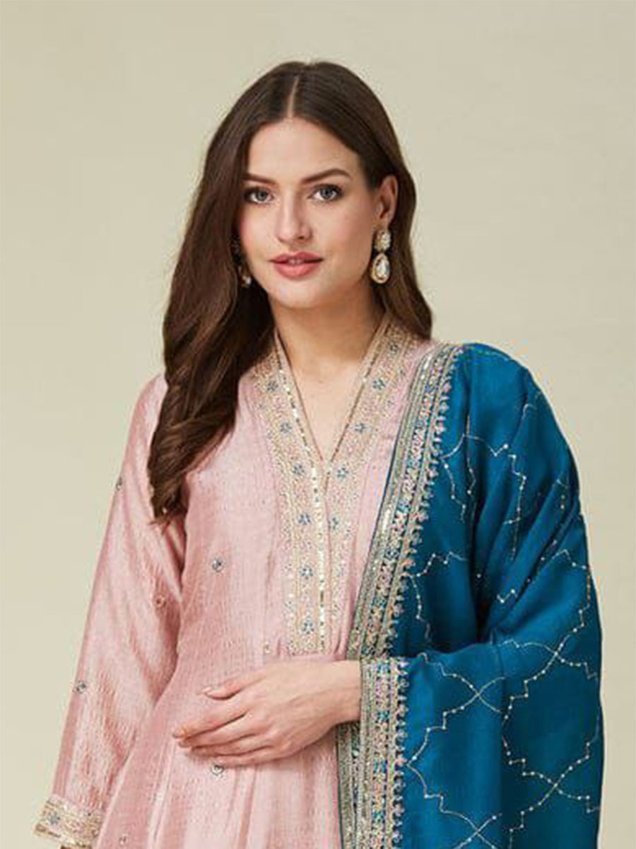 Peach Vichitra Silk Embroidery Wedding Party Festival Casual Ready Pant Salwar Kameez