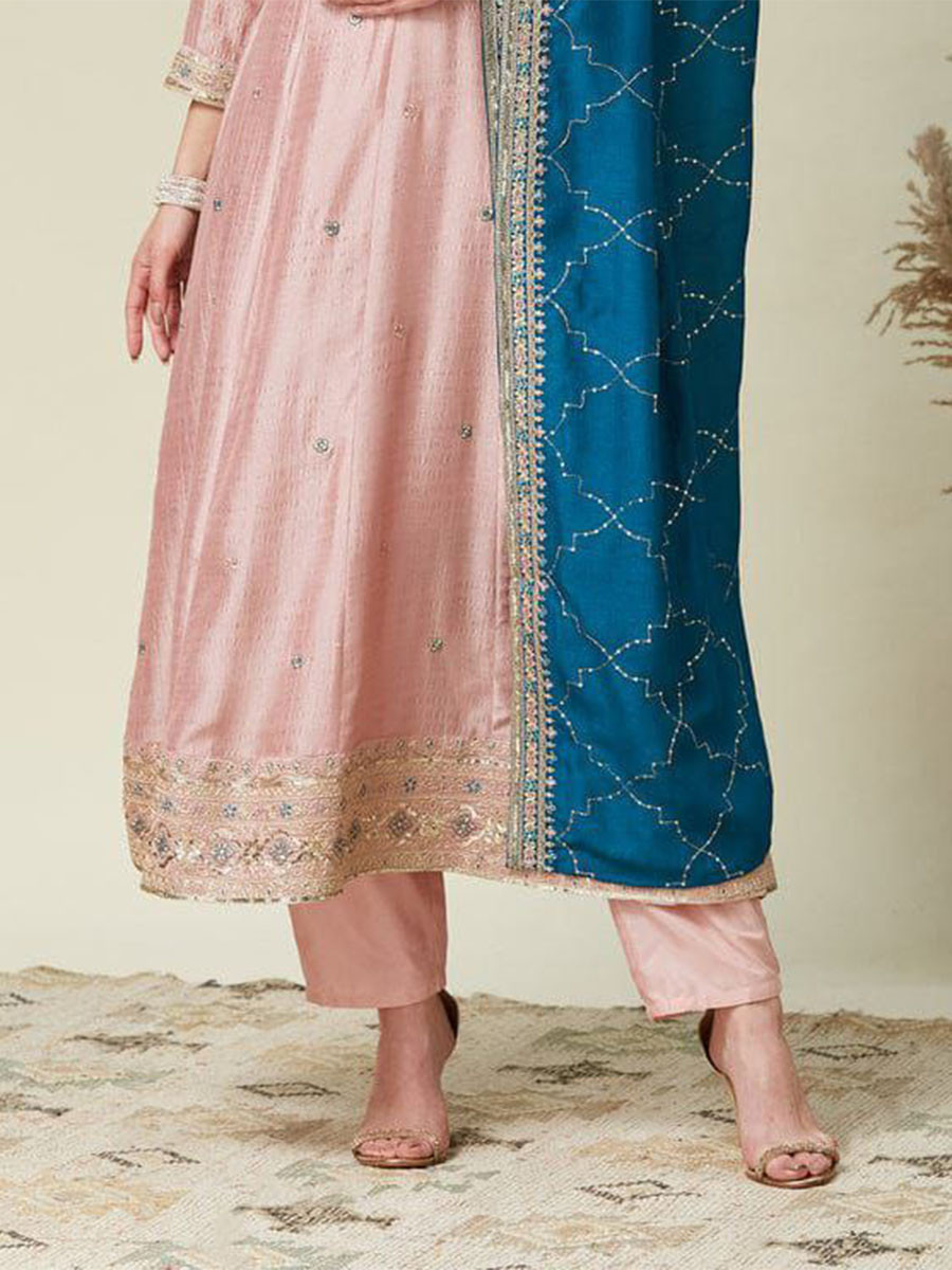 Peach Vichitra Silk Embroidery Wedding Party Festival Casual Ready Pant Salwar Kameez