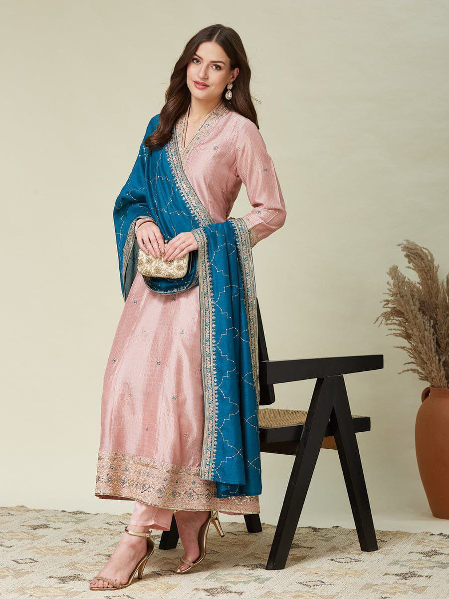 Peach Vichitra Silk Embroidery Wedding Party Festival Casual Ready Pant Salwar Kameez