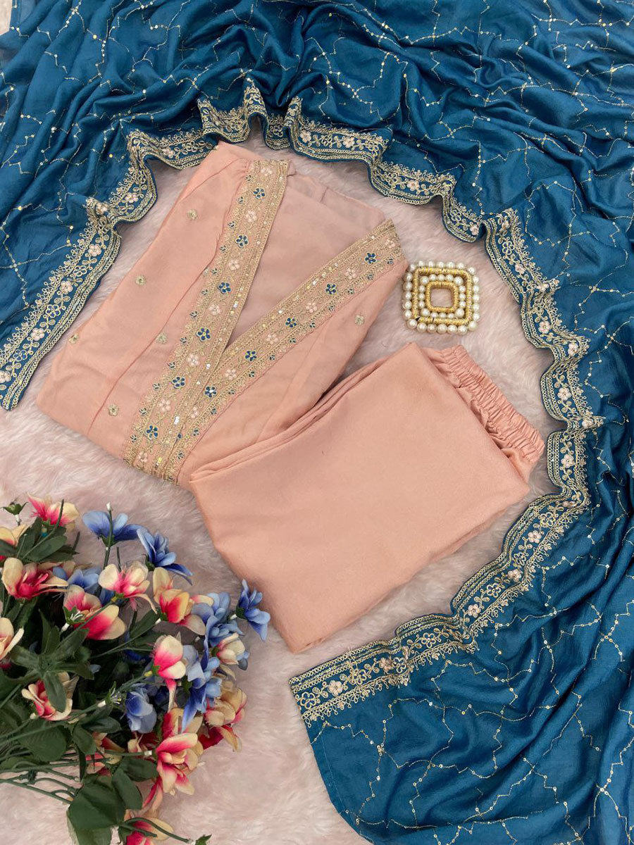 Peach Vichitra Silk Embroidery Wedding Party Festival Casual Ready Pant Salwar Kameez