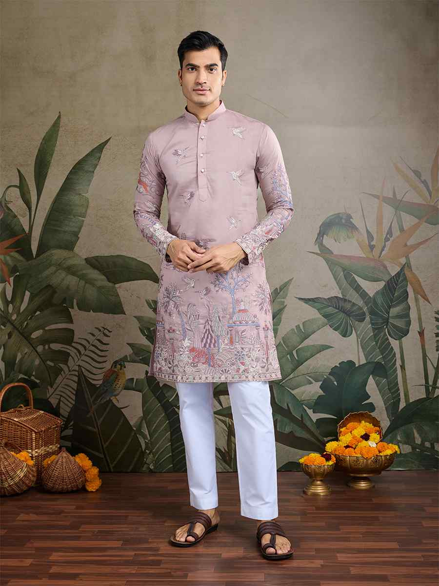 Peach Viscose Embroidered Festival Mehendi Kurta