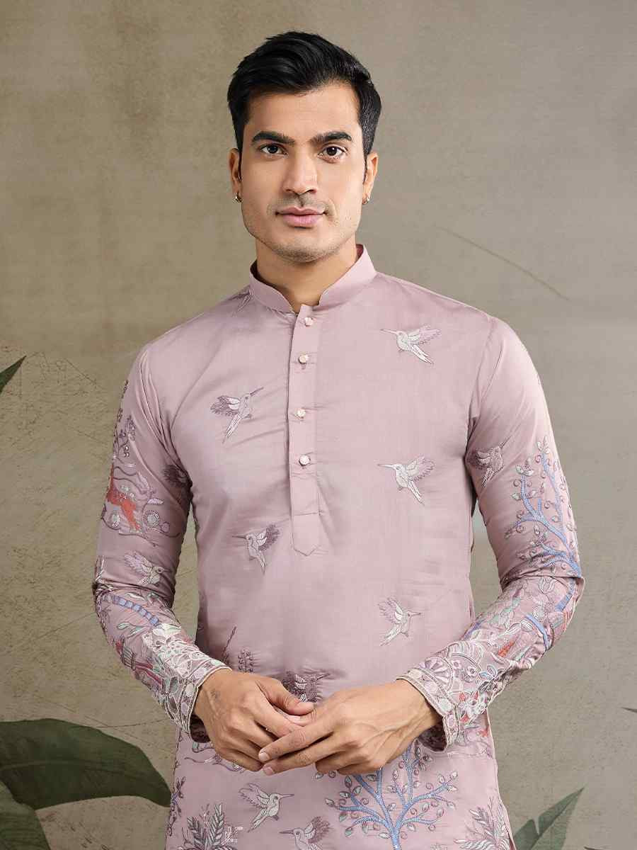 Peach Viscose Embroidered Festival Mehendi Kurta