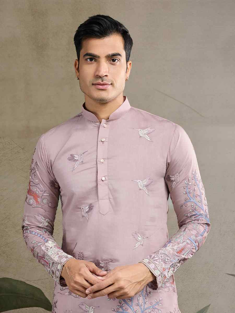 Peach Viscose Embroidered Festival Mehendi Kurta