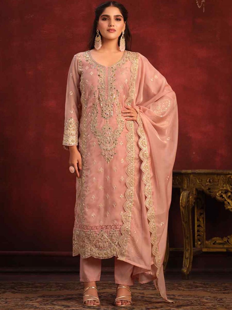 Peach Viscose Organza Embroidered Festival Wedding Pant Salwar Kameez