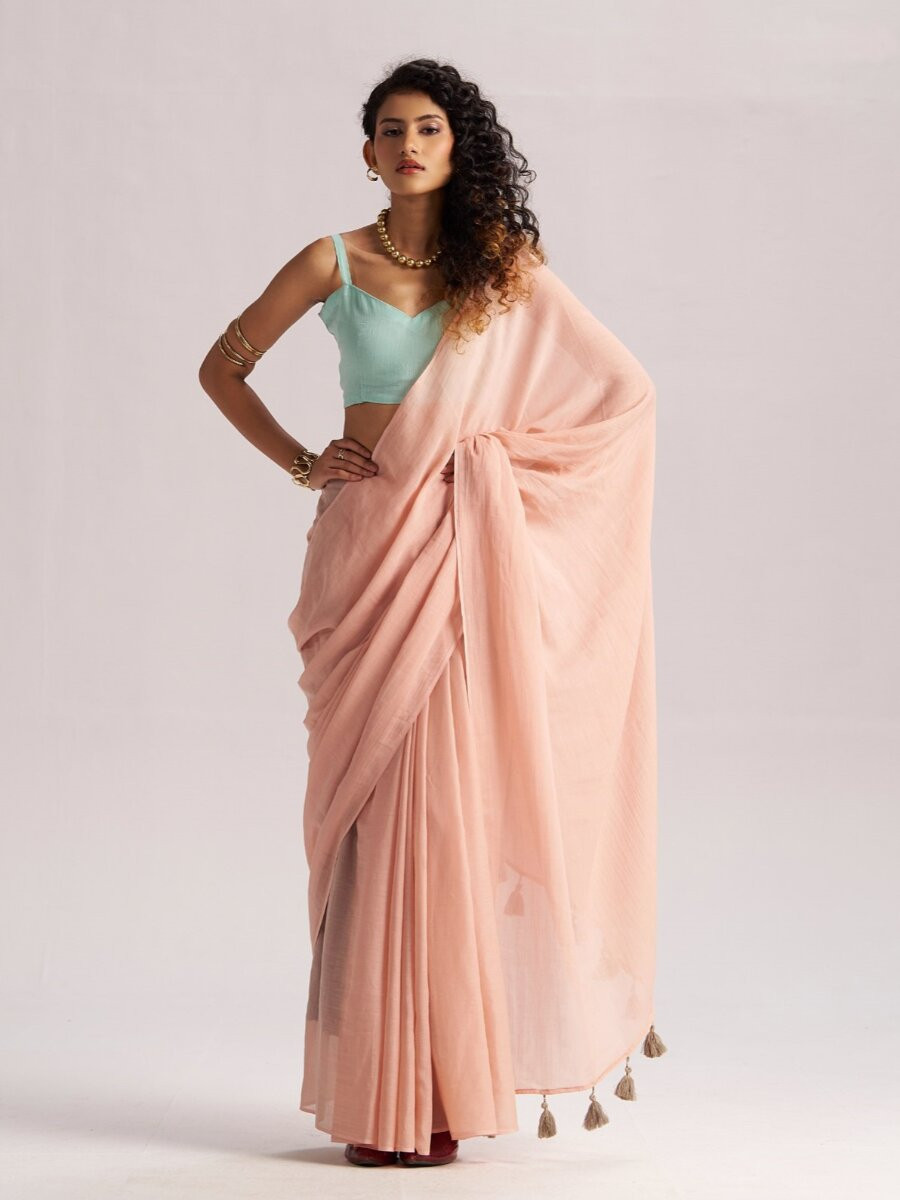 Peach Viscose Plain Casual Party Festival Wedding Fancy Classic Style Sarees