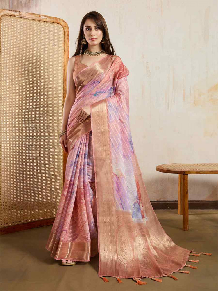 Image of Peach Viscose Printed, Handwoven Festival Wedding Fancy Heavy Border Saree