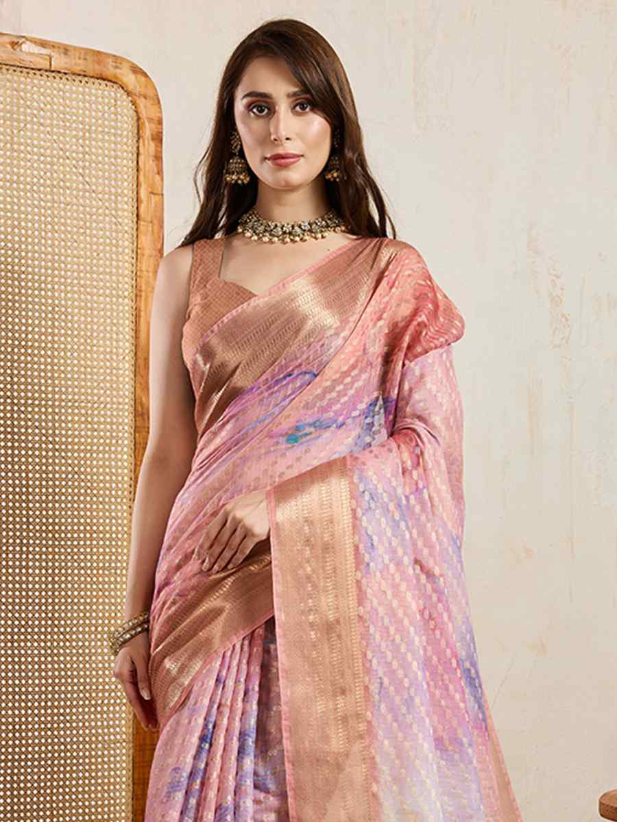 Peach Viscose Printed Handwoven Festival Wedding Fancy Heavy Border Saree