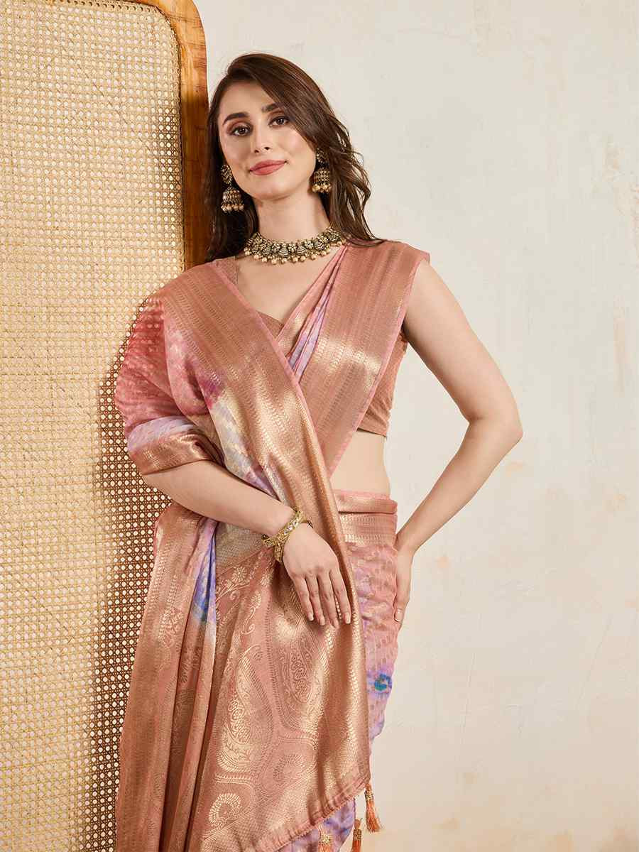 Peach Viscose Printed Handwoven Festival Wedding Fancy Heavy Border Saree