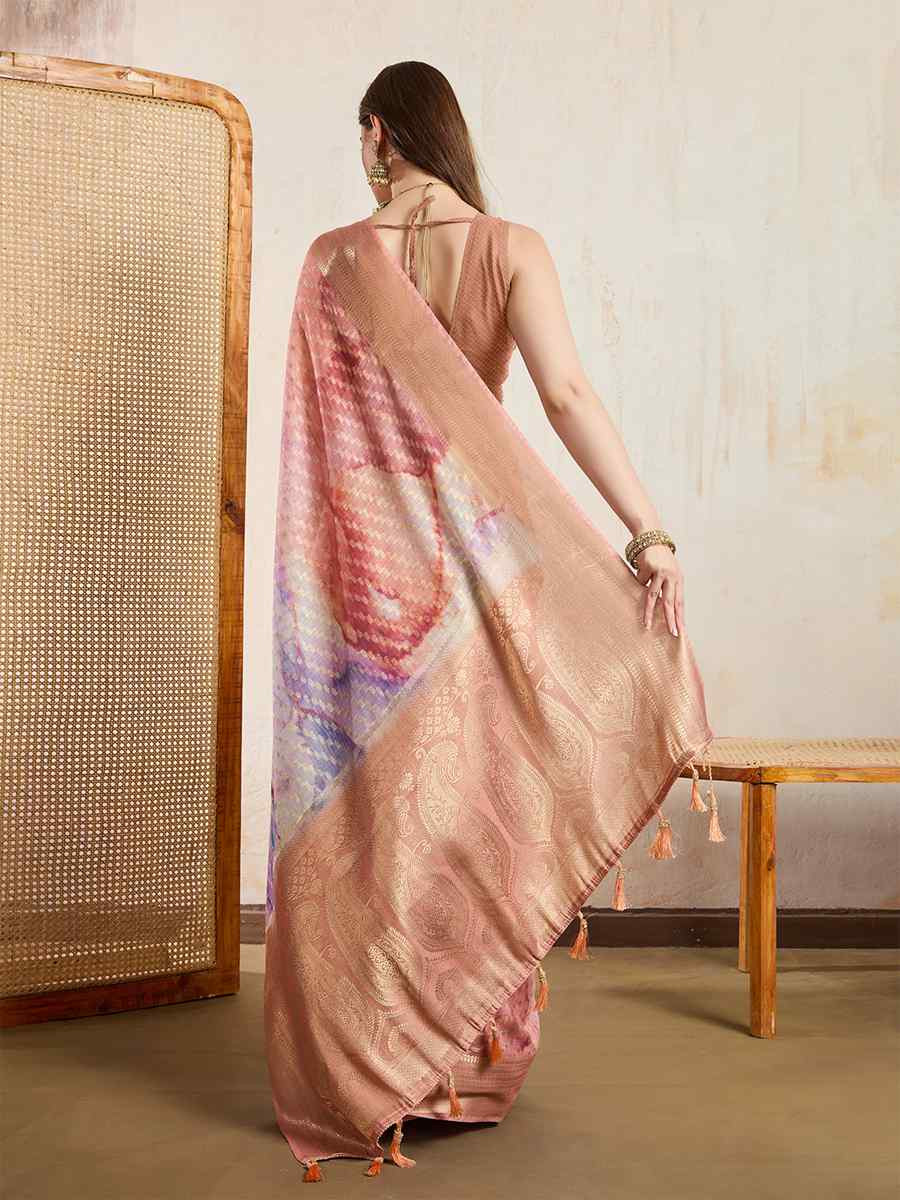Peach Viscose Printed Handwoven Festival Wedding Fancy Heavy Border Saree