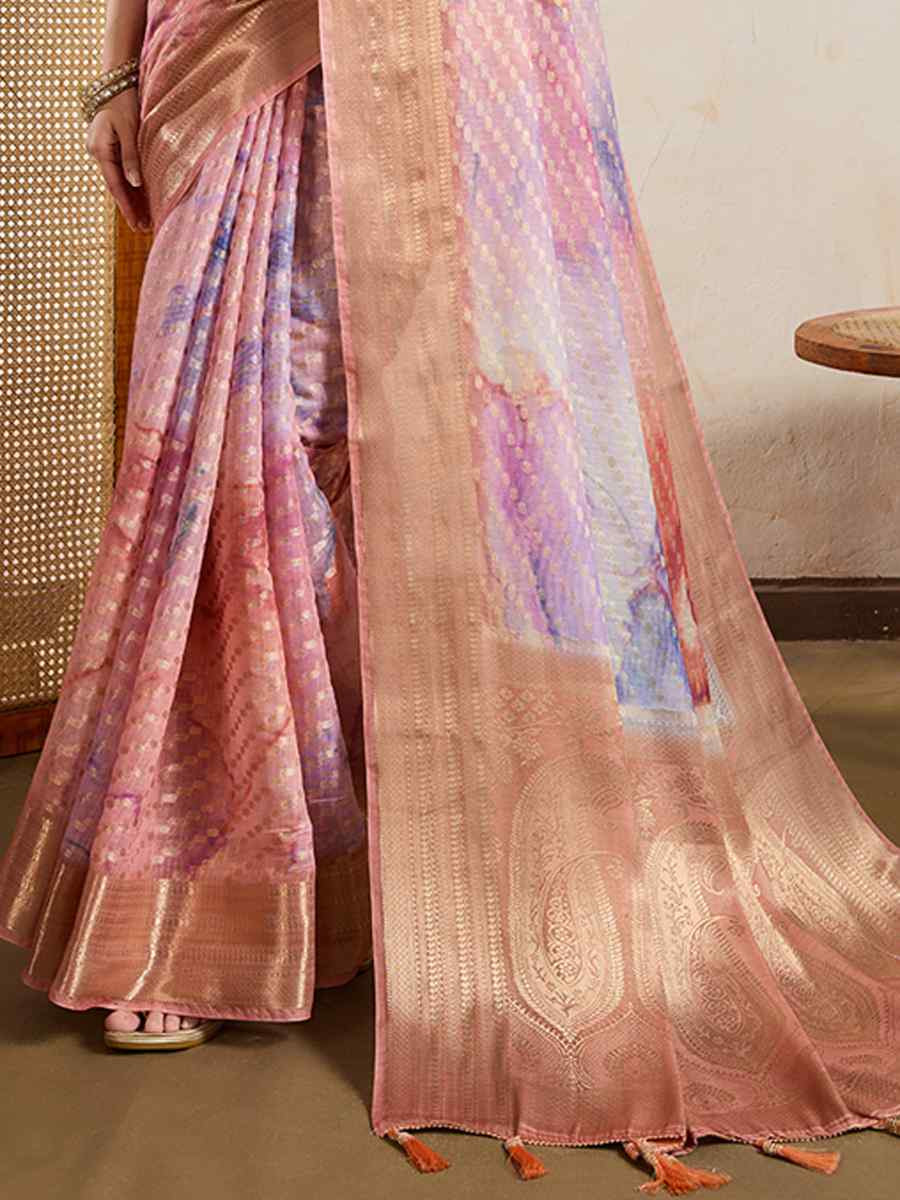 Peach Viscose Printed Handwoven Festival Wedding Fancy Heavy Border Saree