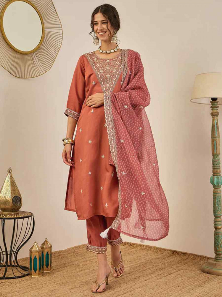 Image of Peach Viscose Rayon Plain with Embroidery Party Wedding Festival Casual Ready Pant Salwar Kameez