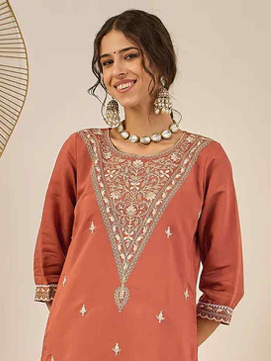 Peach Viscose Rayon Plain with Embroidery Party Wedding Festival Casual Ready Pant Salwar Kameez