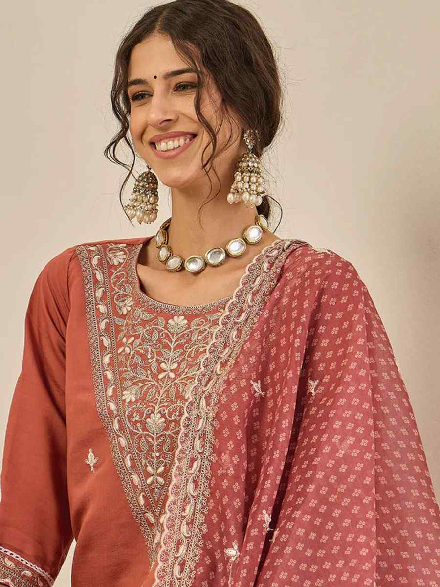 Peach Viscose Rayon Plain with Embroidery Party Wedding Festival Casual Ready Pant Salwar Kameez