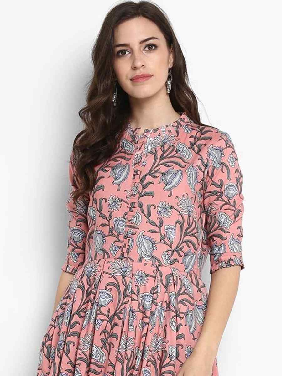 Peach Viscose Rayon Printed Festival Casual Gown