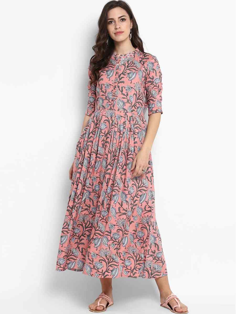 Peach Viscose Rayon Printed Festival Casual Gown