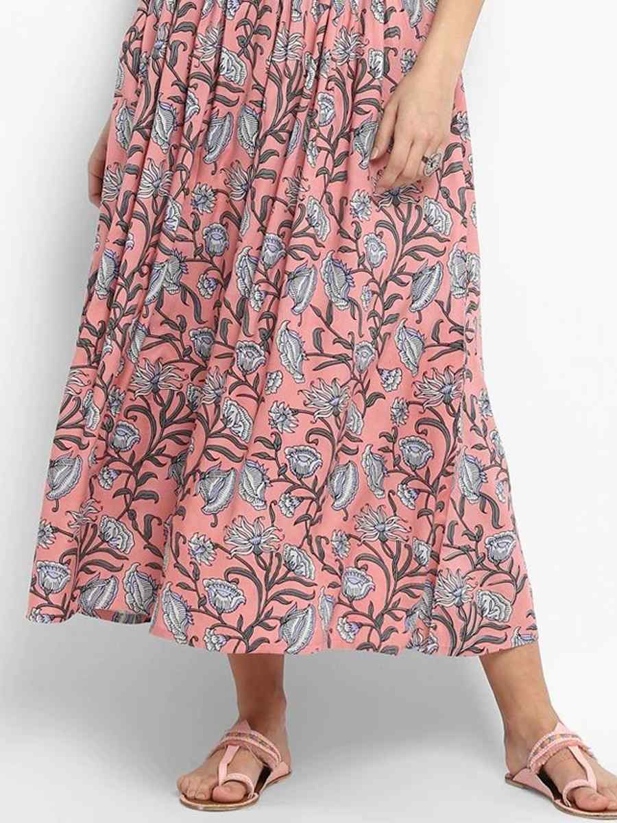 Peach Viscose Rayon Printed Festival Casual Gown