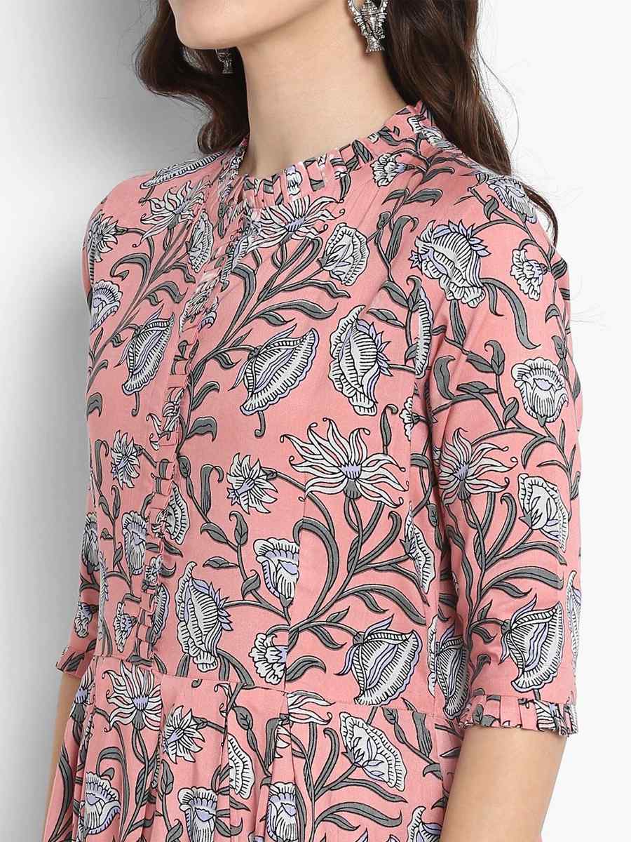 Peach Viscose Rayon Printed Festival Casual Gown