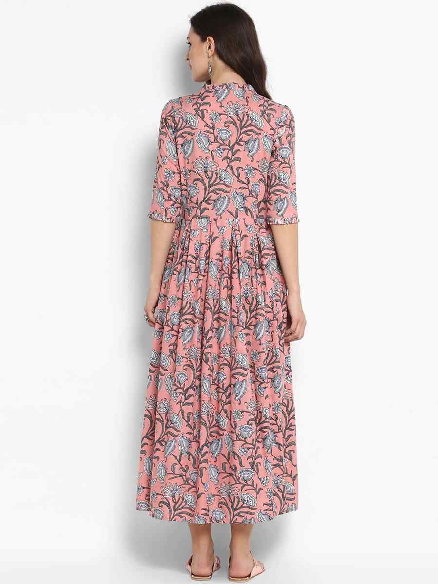 Peach Viscose Rayon Printed Festival Casual Gown