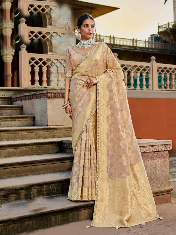 Image of Peach Viscose Tissue Embroidery Traditional Casual Reception Festival Wedding Fancy Heavy Border Saree