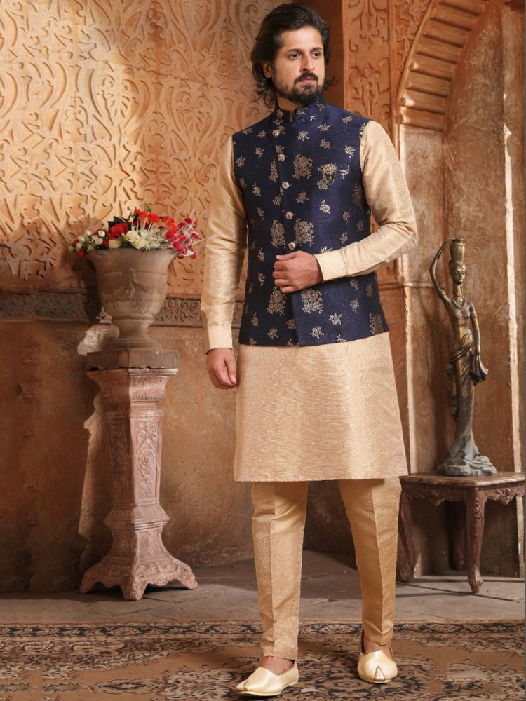 Peach Yellow Banarasi Silk Wedding And Festival Plain Kurta with Waistcoat