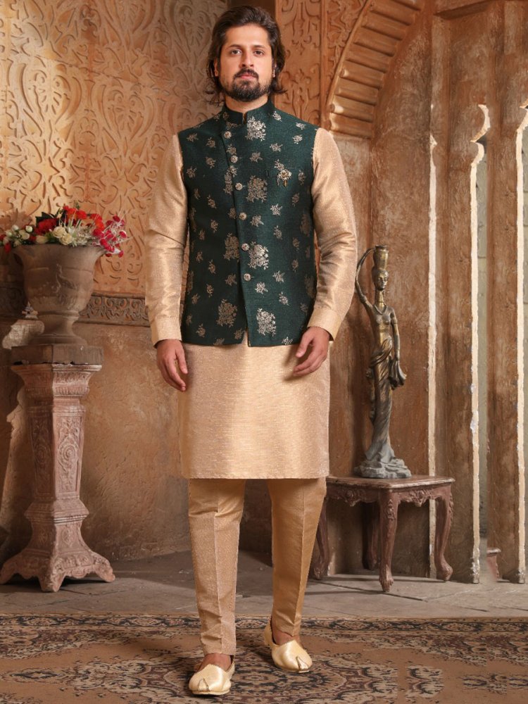 Peach Yellow Banarasi Silk Wedding And Festival Plain Kurta with Waistcoat
