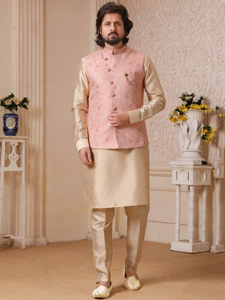 Peach Yellow Banarasi Silk Wedding And Festival Plain Kurta with Waistcoat