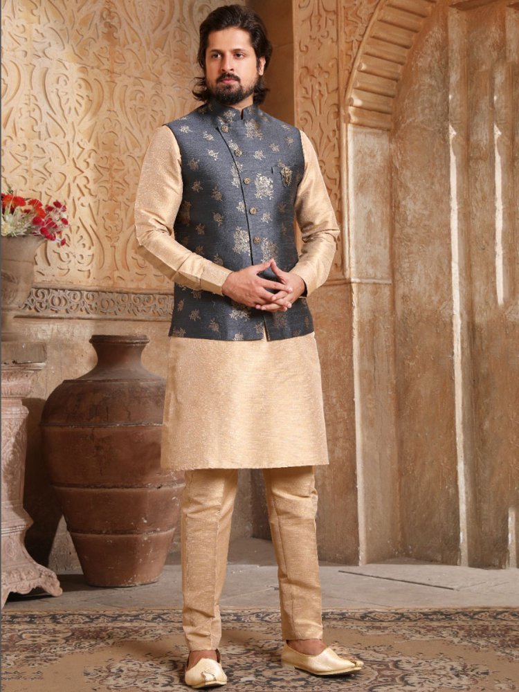 Peach Yellow Banarasi Silk Wedding And Festival Plain Kurta with Waistcoat