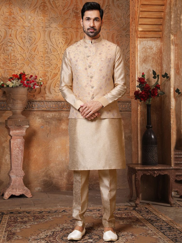 Peach Yellow Banarasi Silk Wedding And Festival Plain Kurta with Waistcoat