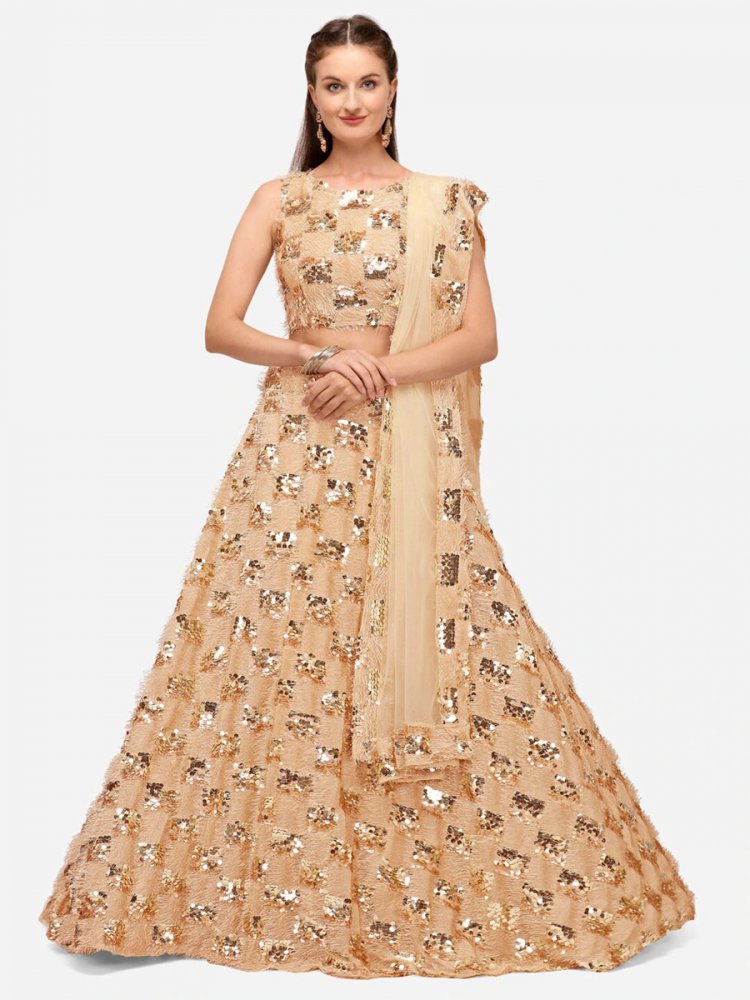 Peach Yellow Blended Silk Embroidered Party Lehenga Choli