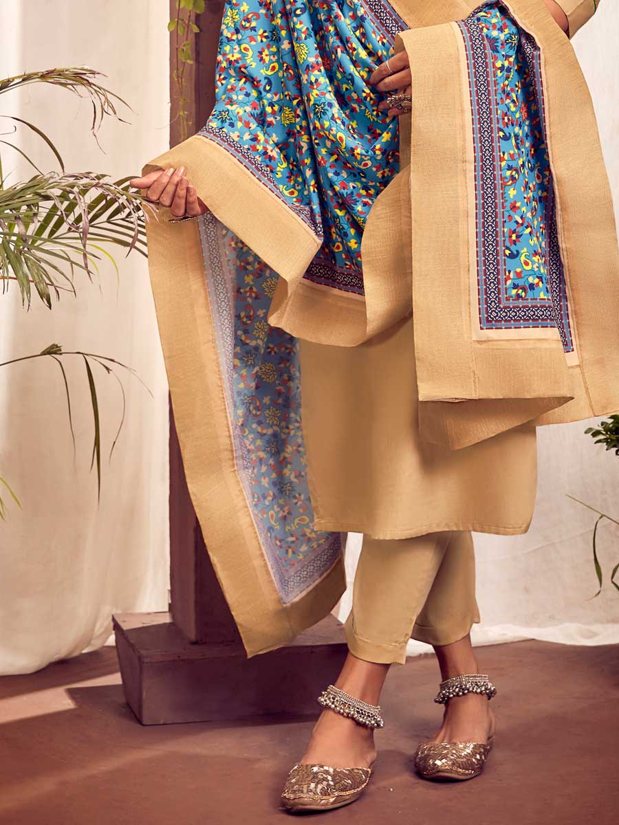 Peach Yellow Cotton Embroidered Festival Pant Kameez