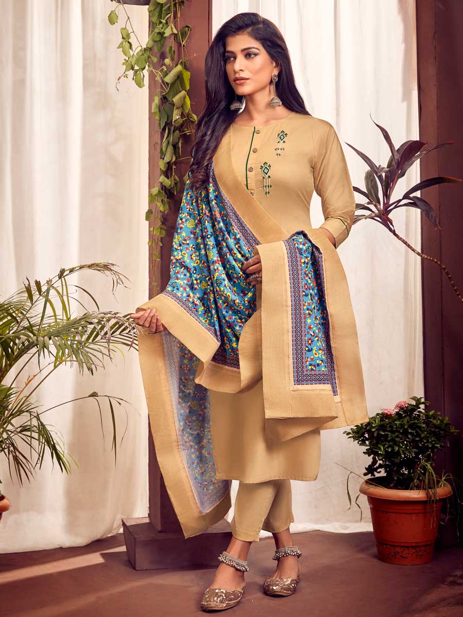 Peach Yellow Cotton Embroidered Festival Pant Kameez