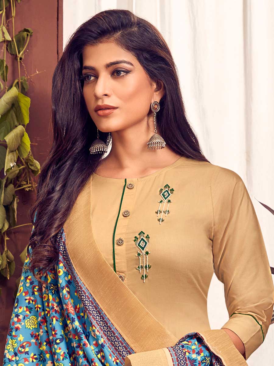 Peach Yellow Cotton Embroidered Festival Pant Kameez