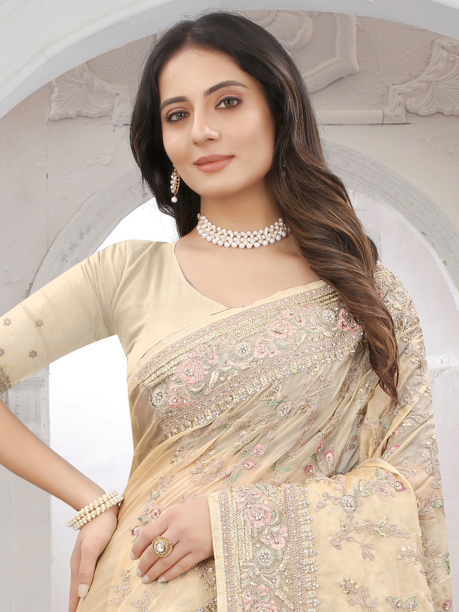 Peach Yellow Organza Embroidered Wedding Saree