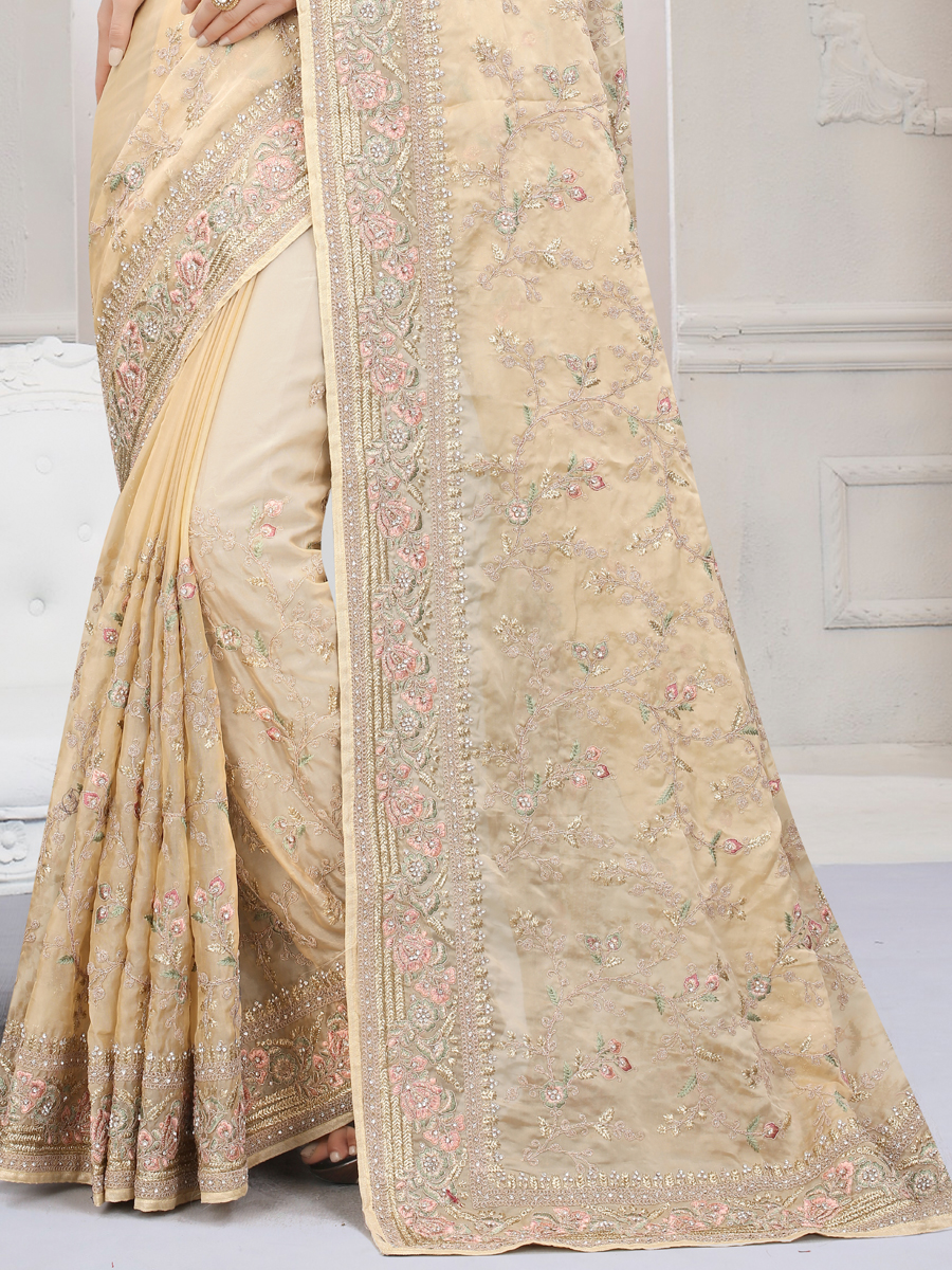 Peach Yellow Organza Embroidered Wedding Saree