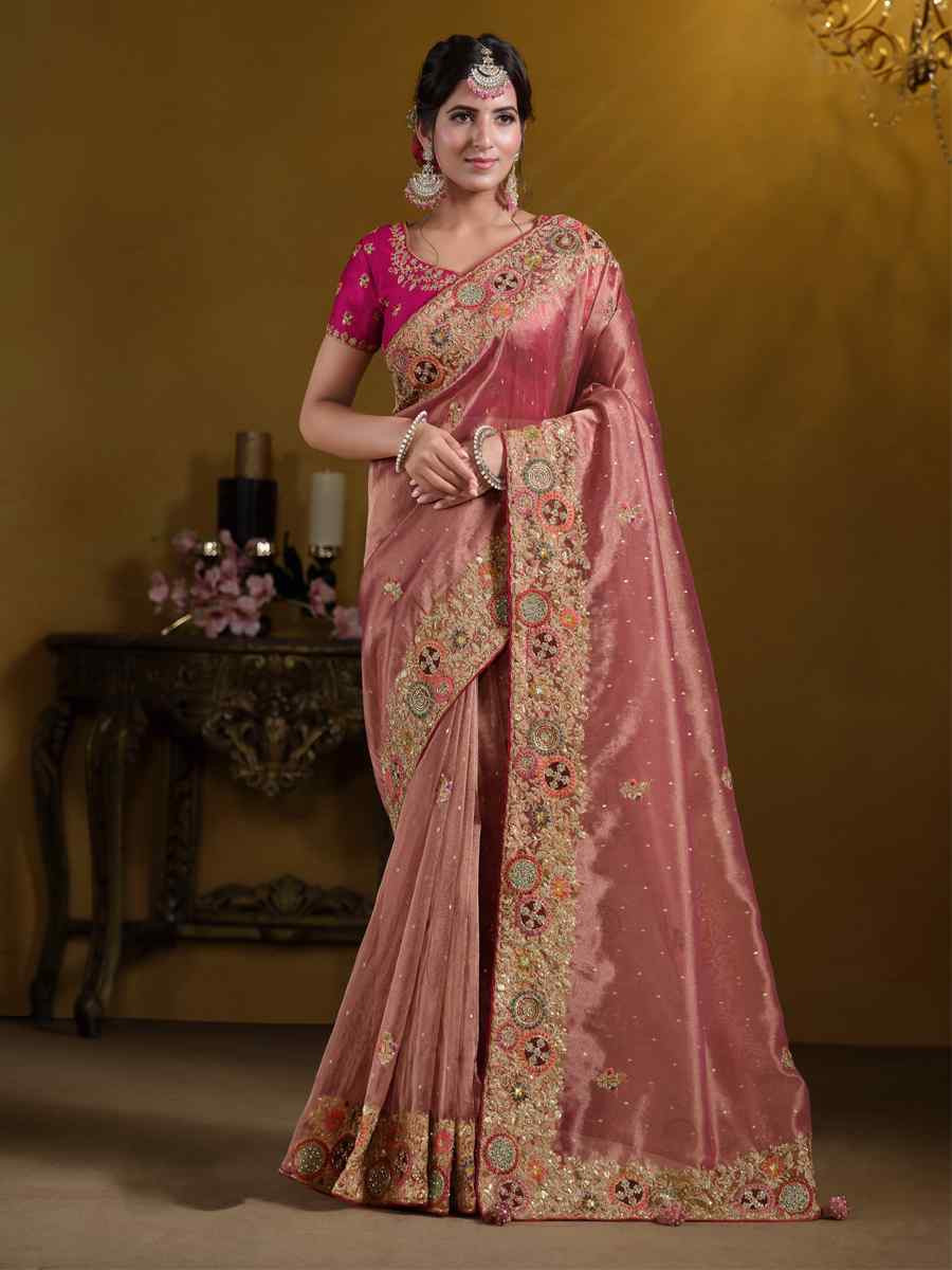 Peach Zari Organza Silk Embroidered Festival Wedding Fancy Heavy Border Saree