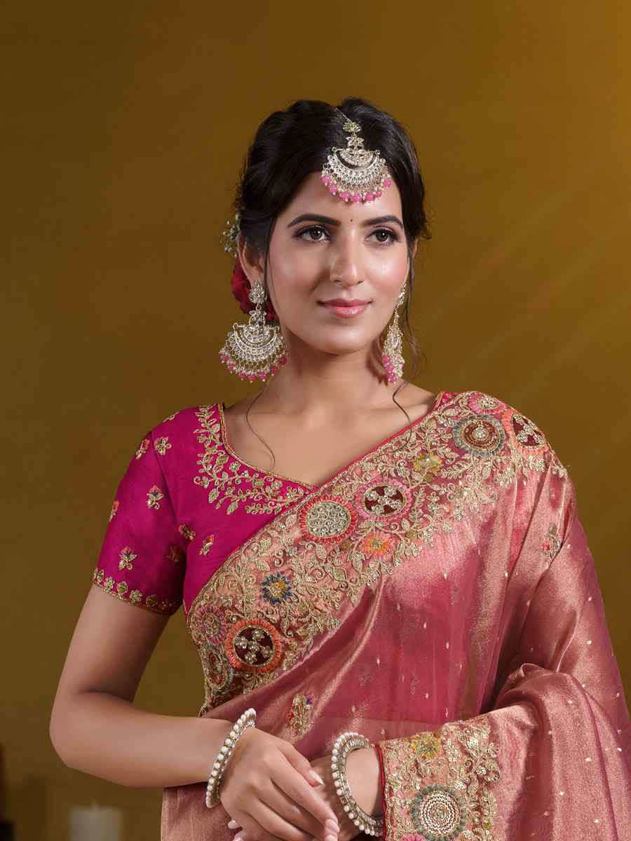 Peach Zari Organza Silk Embroidered Festival Wedding Fancy Heavy Border Saree